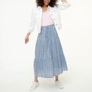 J. Crew Floral Block Print Blue Tiered Maxi Skirt, Size Small